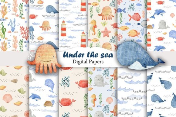 Download Watercolor Sea Animals Seamless Patterns - Seamless Collection