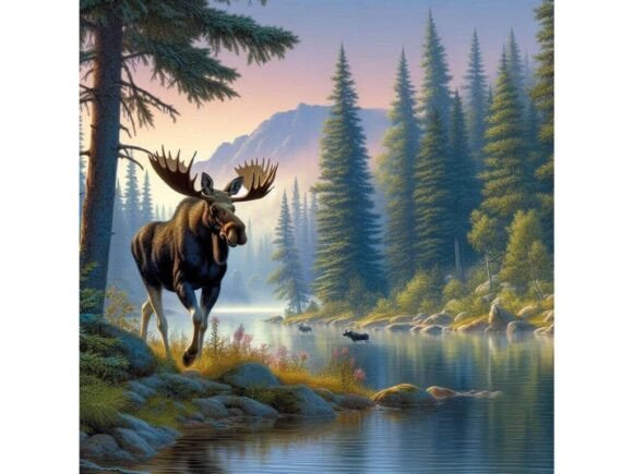 Download Moose Walking Along a Forested Lake in T - Lake Collection