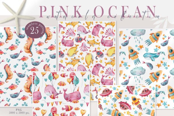 Download Watercolor Sea Animals Seamless Patterns - Seamless Collection