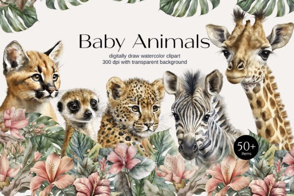 Download Watercolor Safari Baby Animals Clipart - Watercolor safari Collection