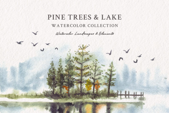 Download Watercolor Pine Trees &amp; Lake - Lake Collection